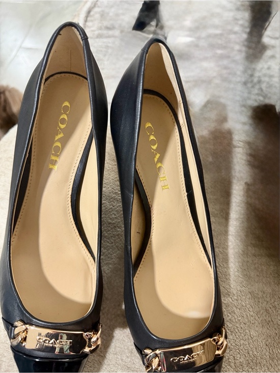 Coach Shoes - Coach Black Leather heels with Gold Chain Accent
